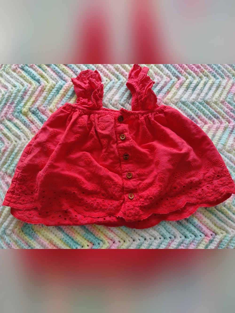 Red Eyelet Ruffle Strap Summer Top - Picture 2 of 3